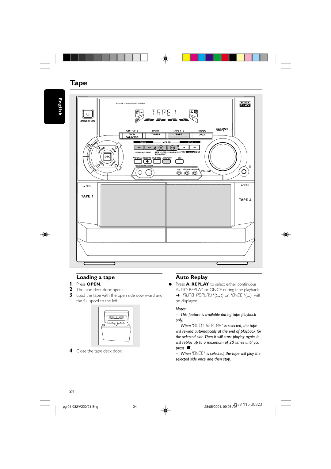 Philips FW-V220/21 manual Loading a tape Auto Replay, Press Ç, Selected side once and then stop 