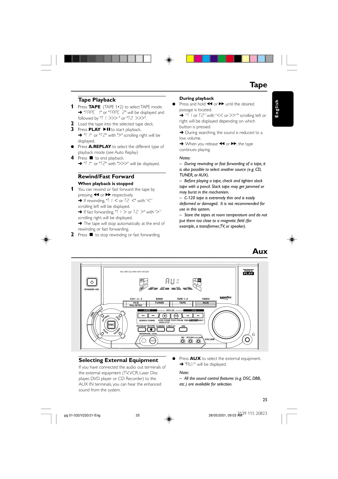 Philips FW-V220/21 manual Aux, Tape Playback, Rewind/Fast Forward, Selecting External Equipment 