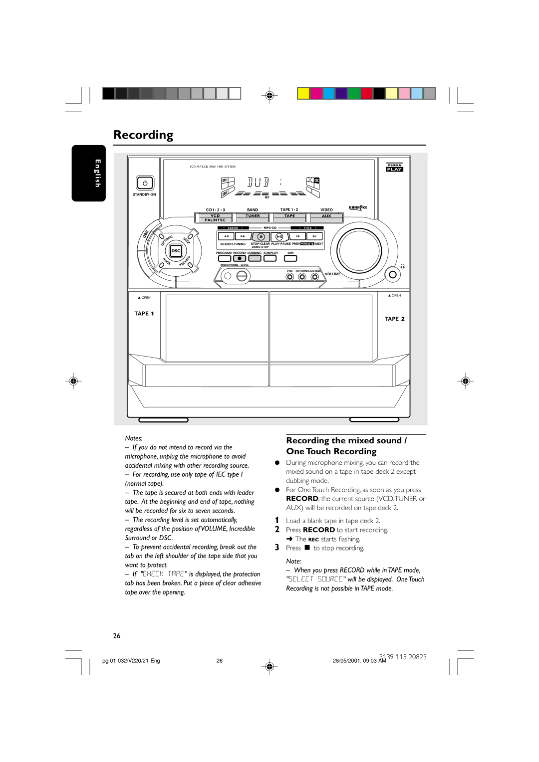 Philips FW-V220/21 manual Recording the mixed sound / One Touch Recording, Load a blank tape in tape deck 