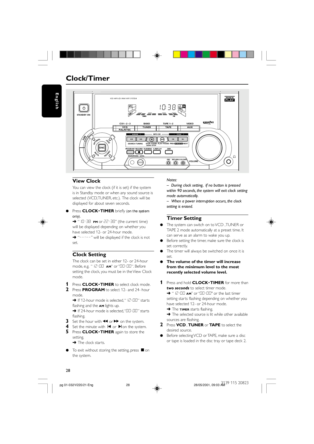 Philips FW-V220/21 manual View Clock, Clock Setting, Timer Setting, ¶ Press Clocktimer briefly on the system only 