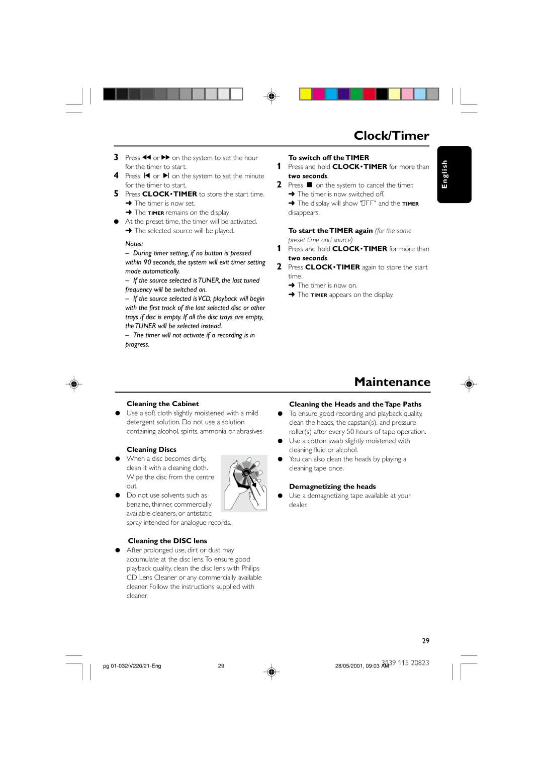 Philips FW-V220/21 manual Clock/Timer, Maintenance 