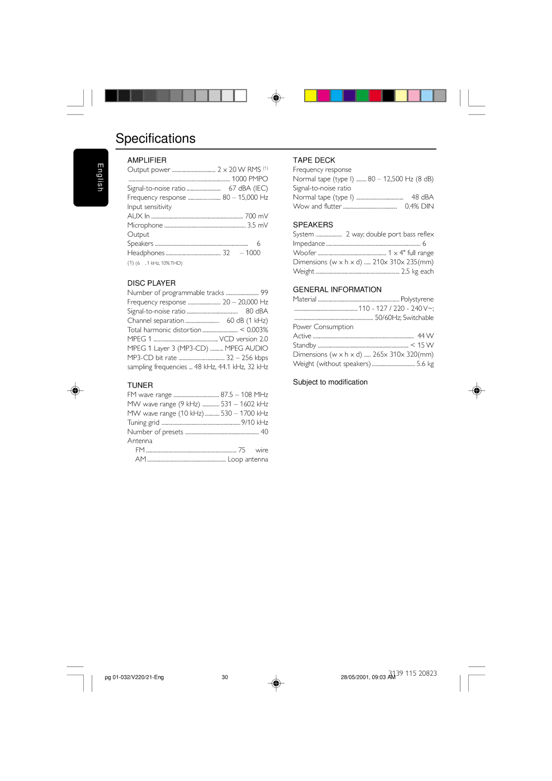 Philips FW-V220/21 manual Specifications 