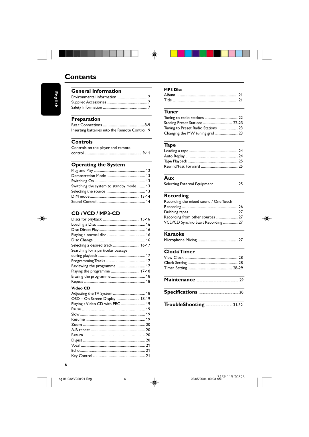 Philips FW-V220/21 manual Contents 