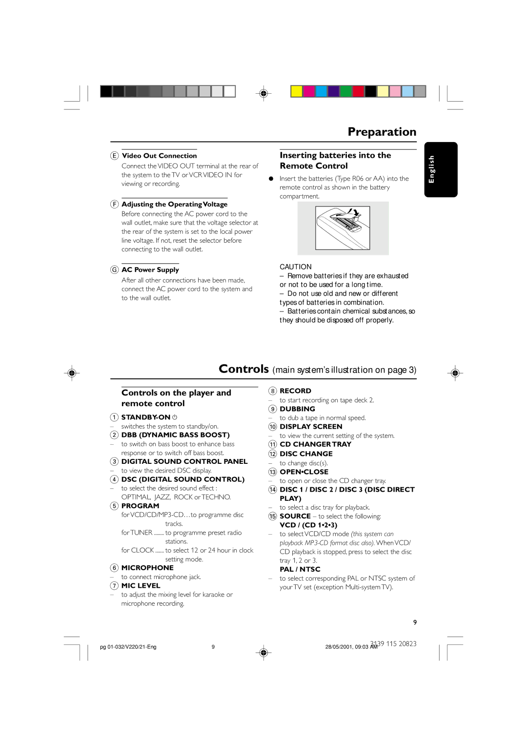 Philips FW-V220/21 manual Inserting batteries into, Remote Control, Controls on the player and remote control 