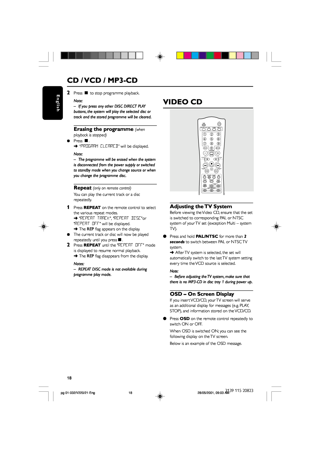 Philips FW-V220/21 manual Video Cd, Erasing the programme when, Adjusting the TV System, OSD – On Screen Display, En gli sh 