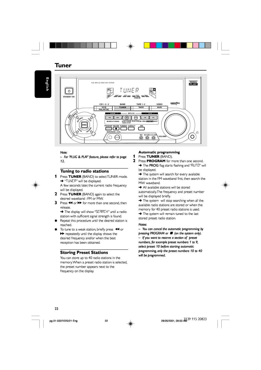 Philips FW-V220/21 manual Tuning to radio stations, Storing Preset Stations, lish, Automatic programming, Tuner, à or 