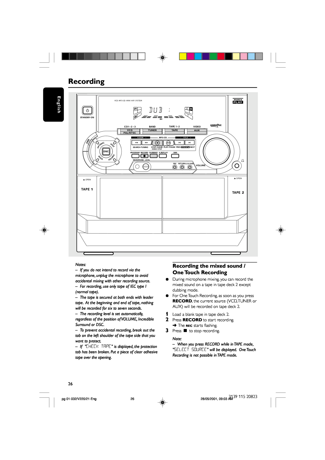 Philips FW-V220/21 manual Recording the mixed sound / One Touch Recording 