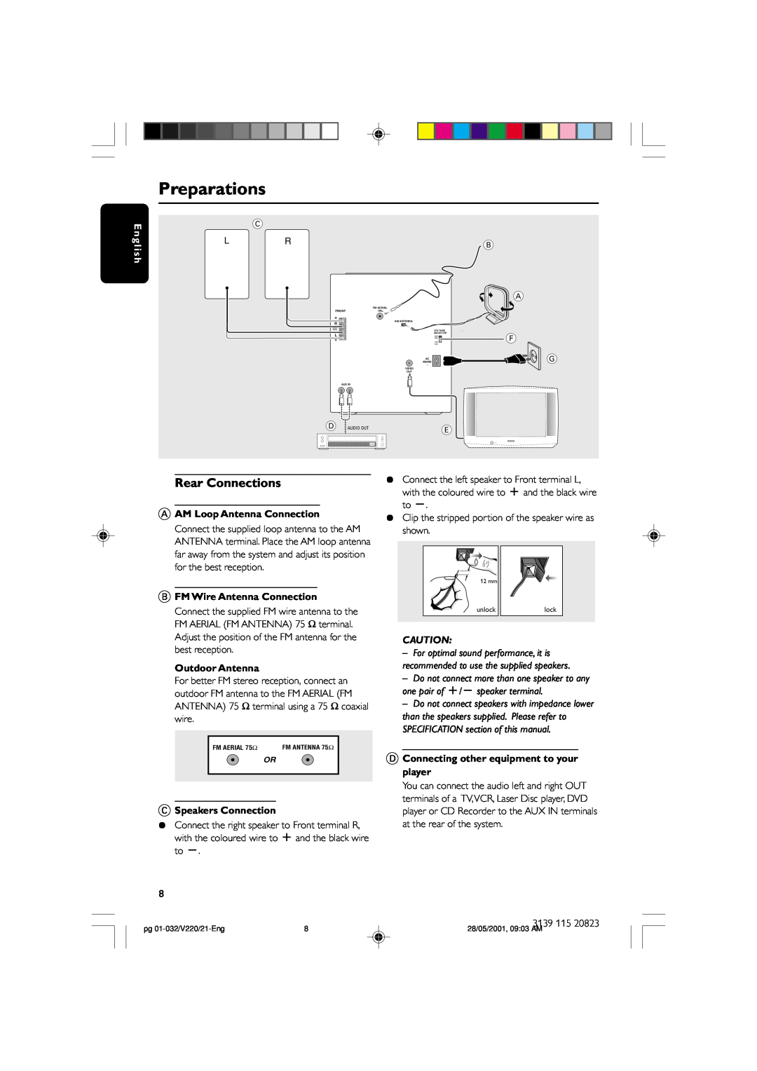 Philips FW-V220/21 manual Preparations, Rear Connections, En gli sh 