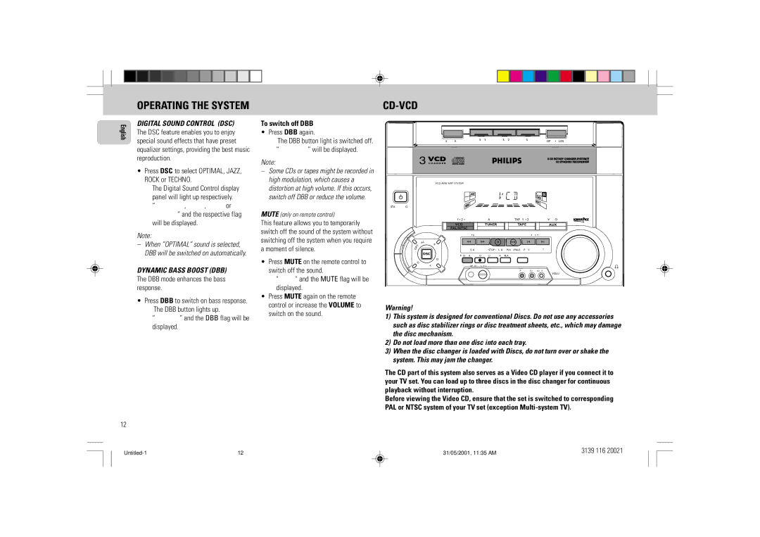 Philips FW-V28 manual Operating the System CD-VCD, To switch off DBB 