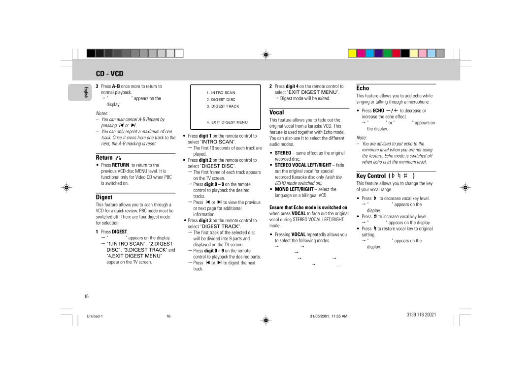 Philips FW-V28 manual Return, Digest, Vocal, Echo, Key Control I È 