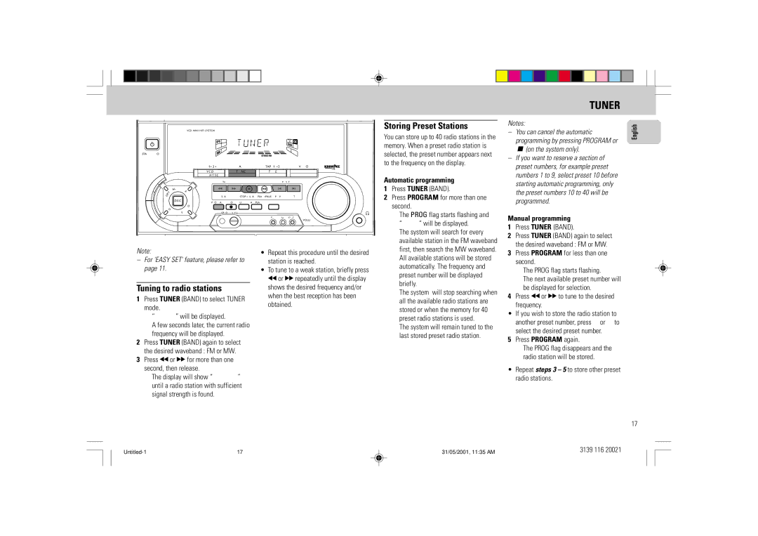 Philips FW-V28 manual Tuner, Storing Preset Stations, Tuning to radio stations, Automatic programming, Manual programming 