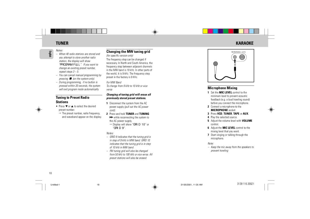 Philips FW-V28 manual Karaoke, Tuning to Preset Radio Stations, Changing the MW tuning grid, Microphone Mixing 