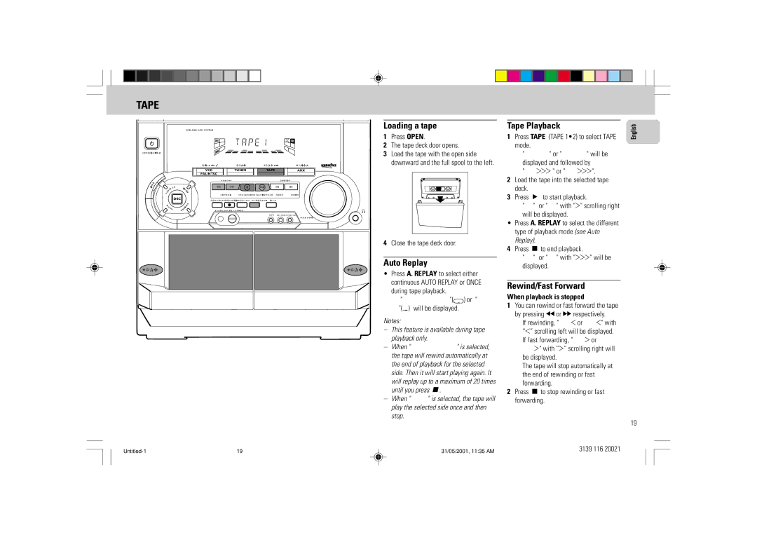 Philips FW-V28 manual Loading a tape Tape Playback, Auto Replay, Rewind/Fast Forward, When playback is stopped 