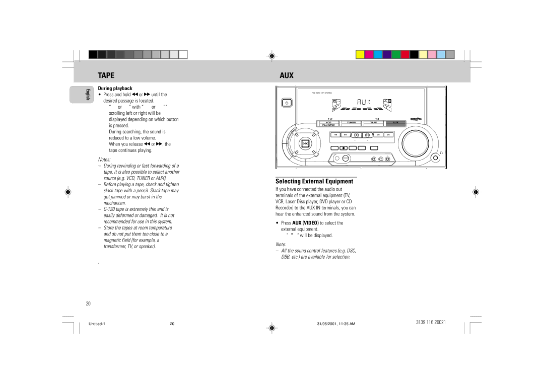 Philips FW-V28 manual Aux, Selecting External Equipment 