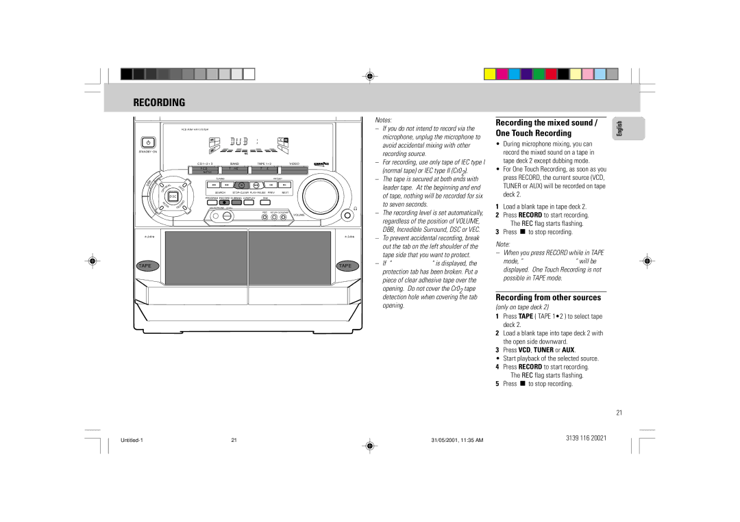 Philips FW-V28 manual Recording source, To seven seconds, Opening, Only on tape deck 