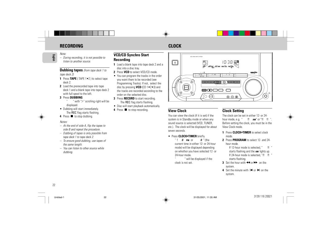 Philips FW-V28 manual VCD/CD Synchro Start Recording, View Clock, Clock Setting 