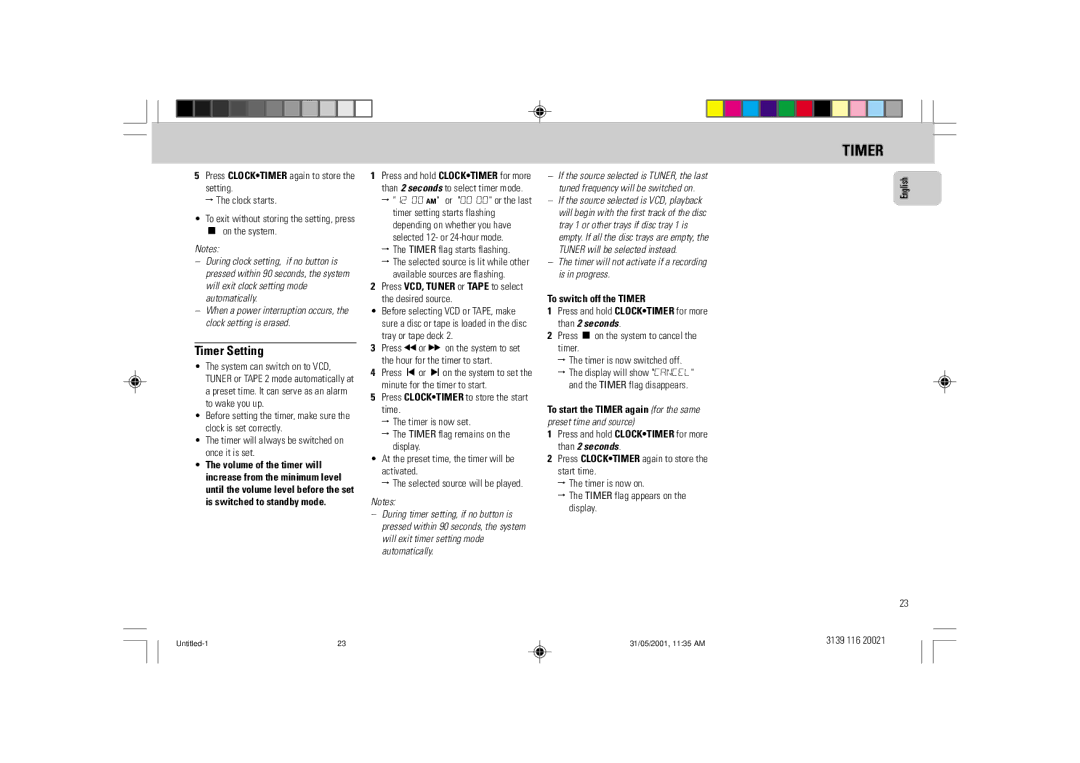 Philips FW-V28 manual Timer Setting, Press VCD, Tuner or Tape to select the desired source, To switch off the Timer 