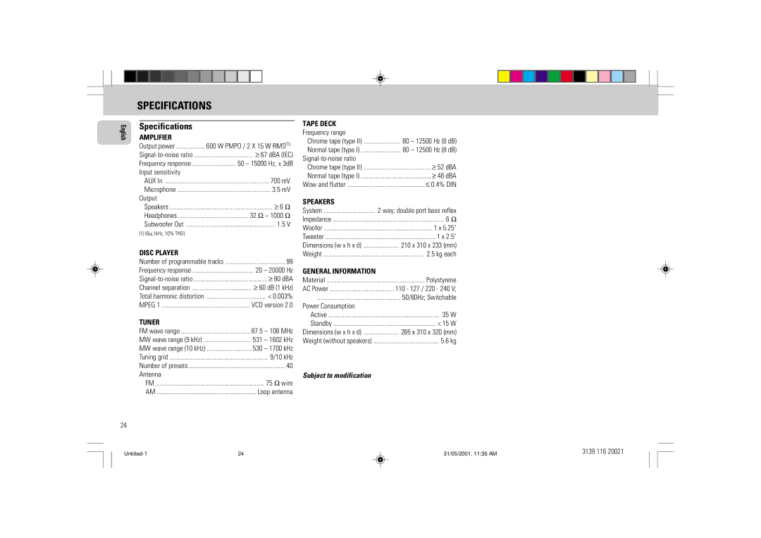 Philips FW-V28 manual Specifications 