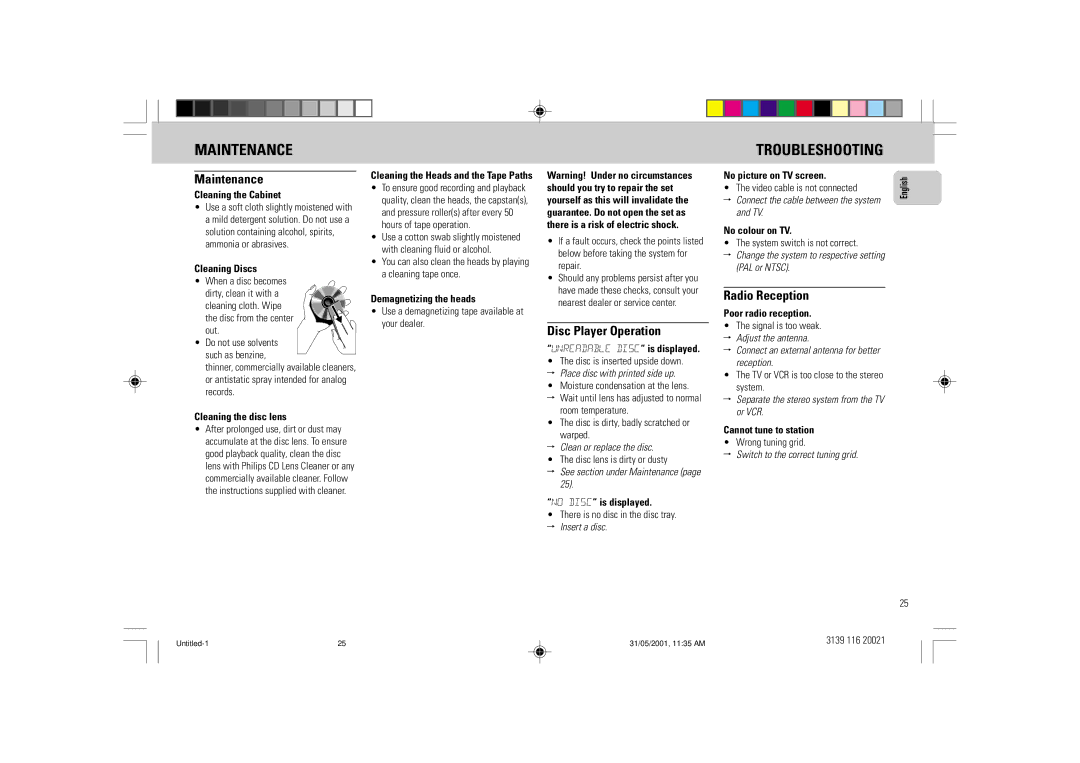 Philips FW-V28 manual Maintenance, Disc Player Operation, Radio Reception 