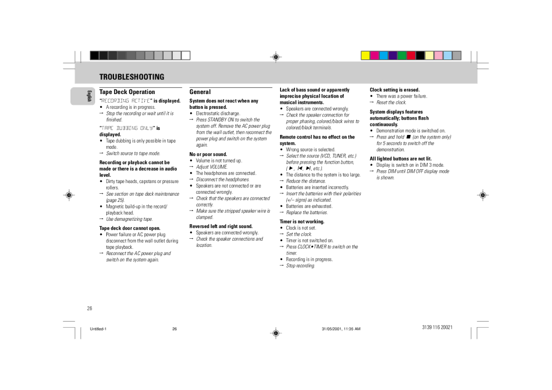 Philips FW-V28 manual Troubleshooting, Tape Deck Operation, General 