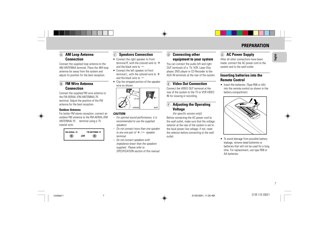 Philips FW-V28 manual AM Loop Antenna Connection, FM Wire Antenna Connection, Speakers Connection, Video Out Connection 