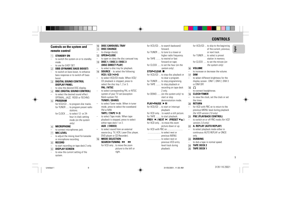 Philips FW-V28 manual Controls on the system and remote control 