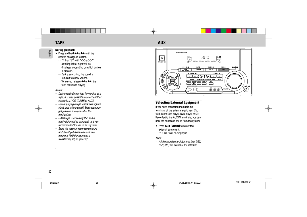 Philips FW-V28 manual Selecting External Equipment, Tape 