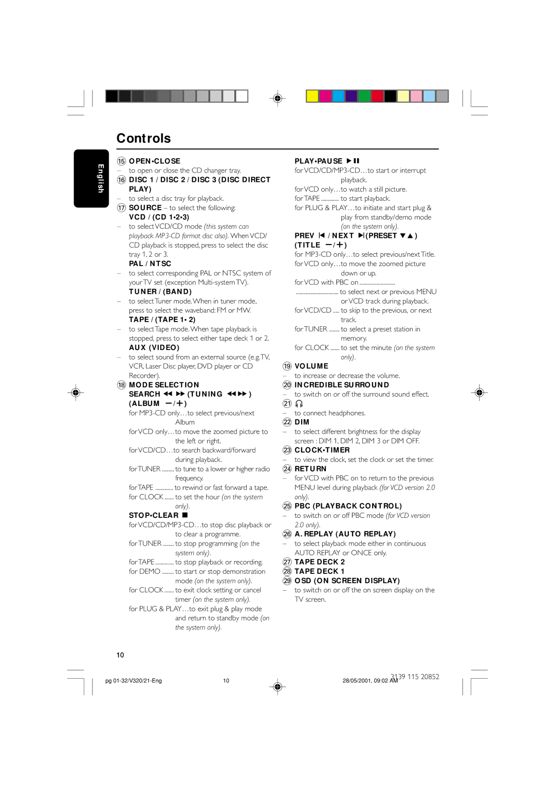 Philips FW-V320/21 manual Controls 