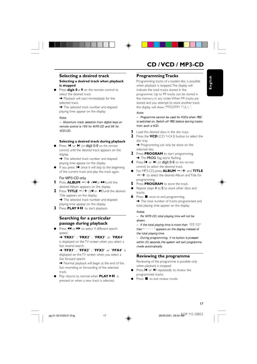 Philips FW-V320/21 manual Selecting a desired track, Searching for a particular passage during playback, Programming Tracks 