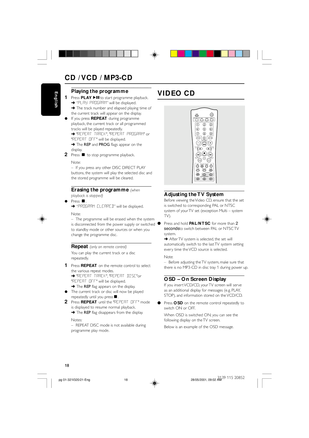 Philips FW-V320/21 manual Adjusting the TV System, OSD On Screen Display, Erasing the programme when playback is stopped 