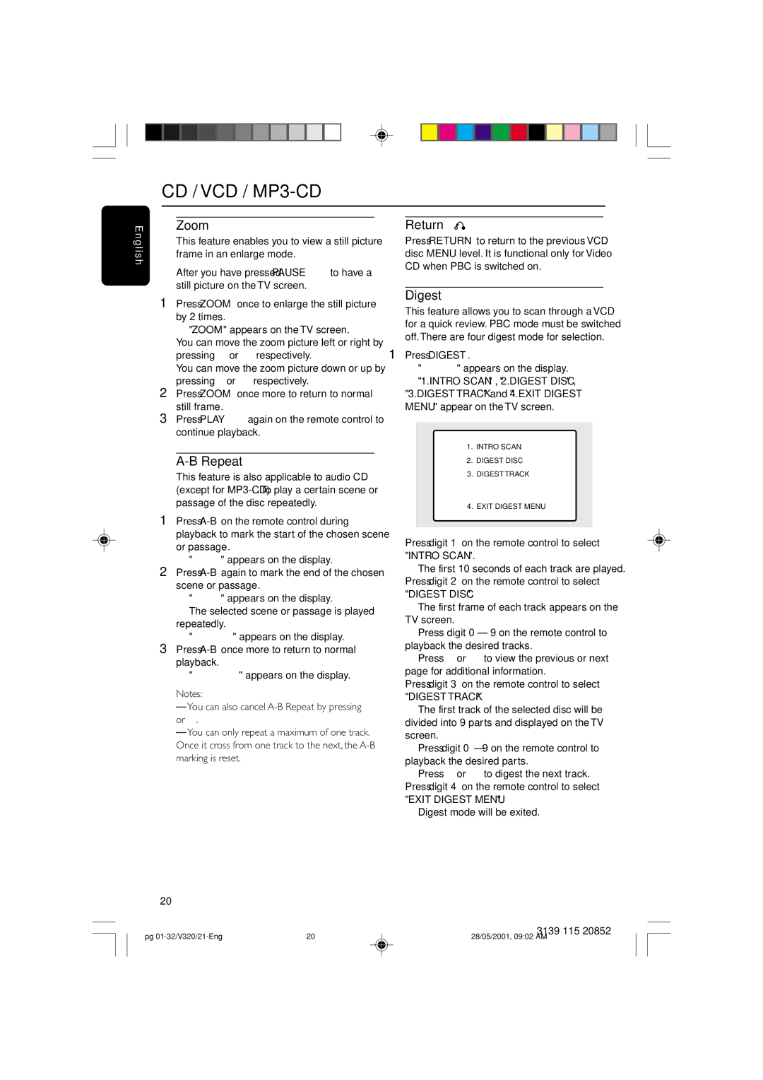 Philips FW-V320/21 manual Zoom, Repeat, Return, Digest 