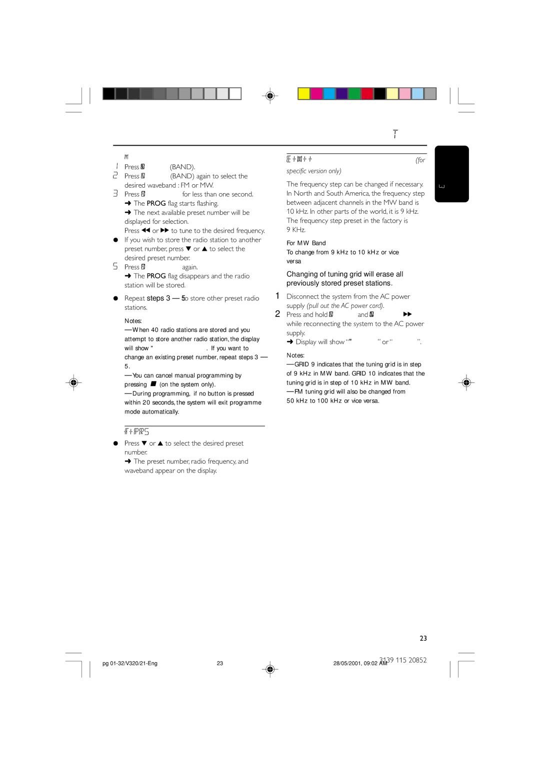 Philips FW-V320/21 manual Tuner, Changing the MW tuning grid for, Tuning to Preset Radio Stations, Manual programming 