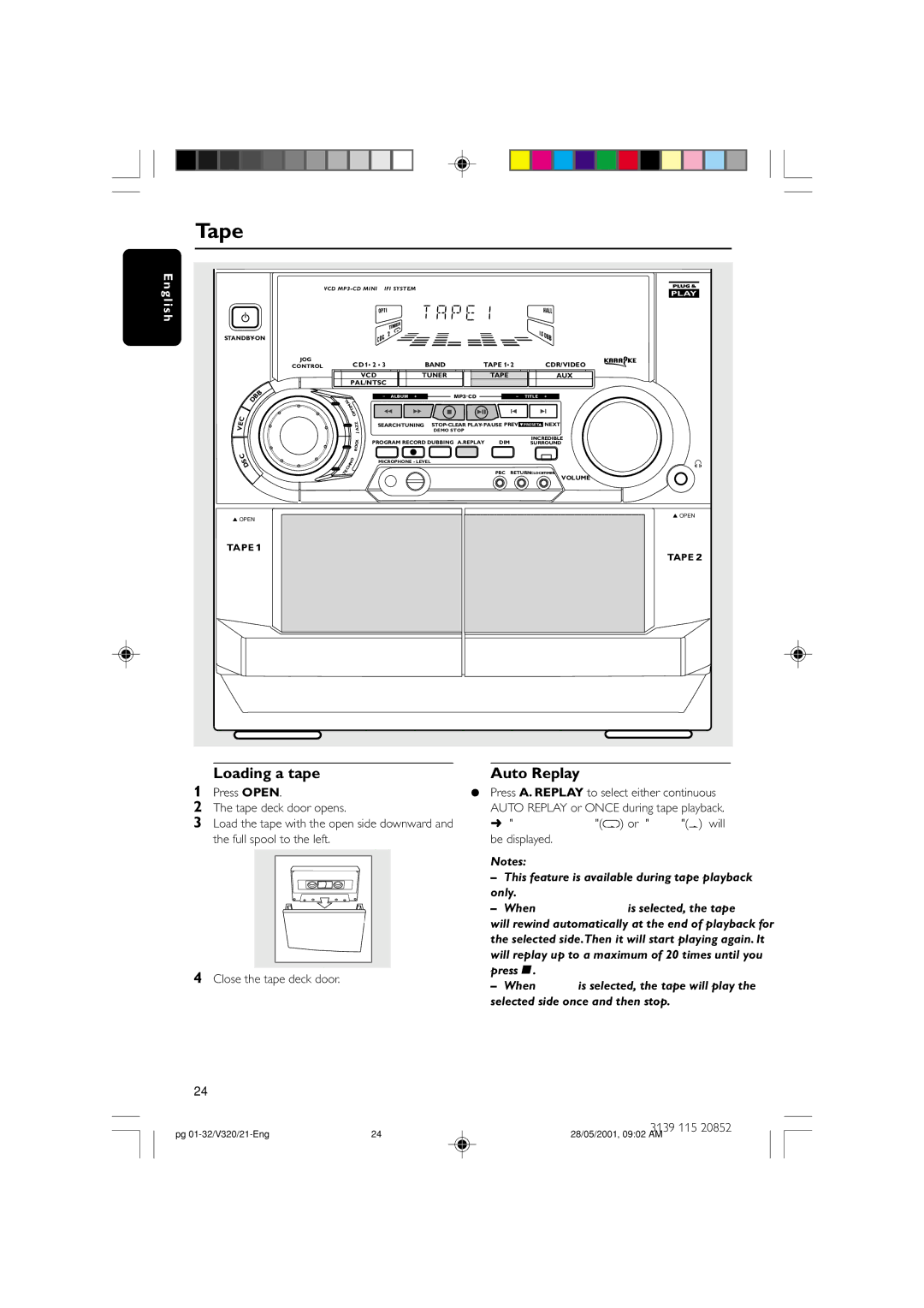 Philips FW-V320/21 manual Tape, Loading a tape Auto Replay, Press Ç, Selected side once and then stop 