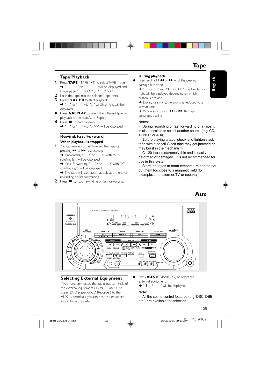 Philips FW-V320/21 manual Aux, Tape Playback, Rewind/Fast Forward, Selecting External Equipment 