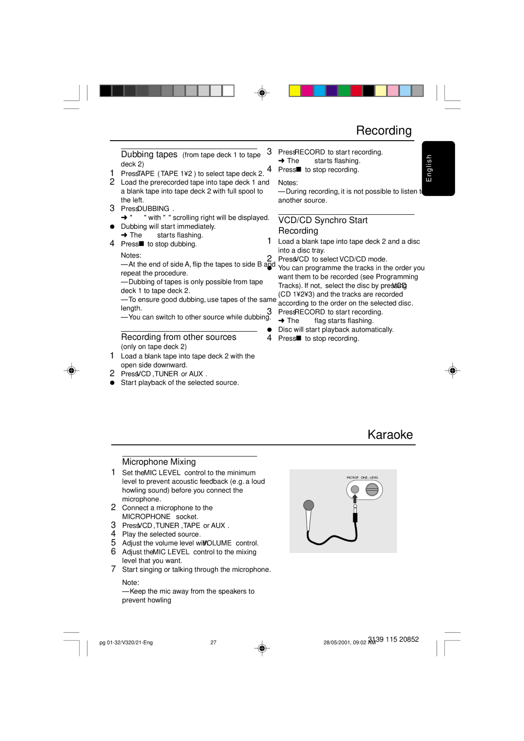 Philips FW-V320/21 manual Karaoke, Recording from other sources, VCD/CD Synchro Start Recording, Microphone Mixing 