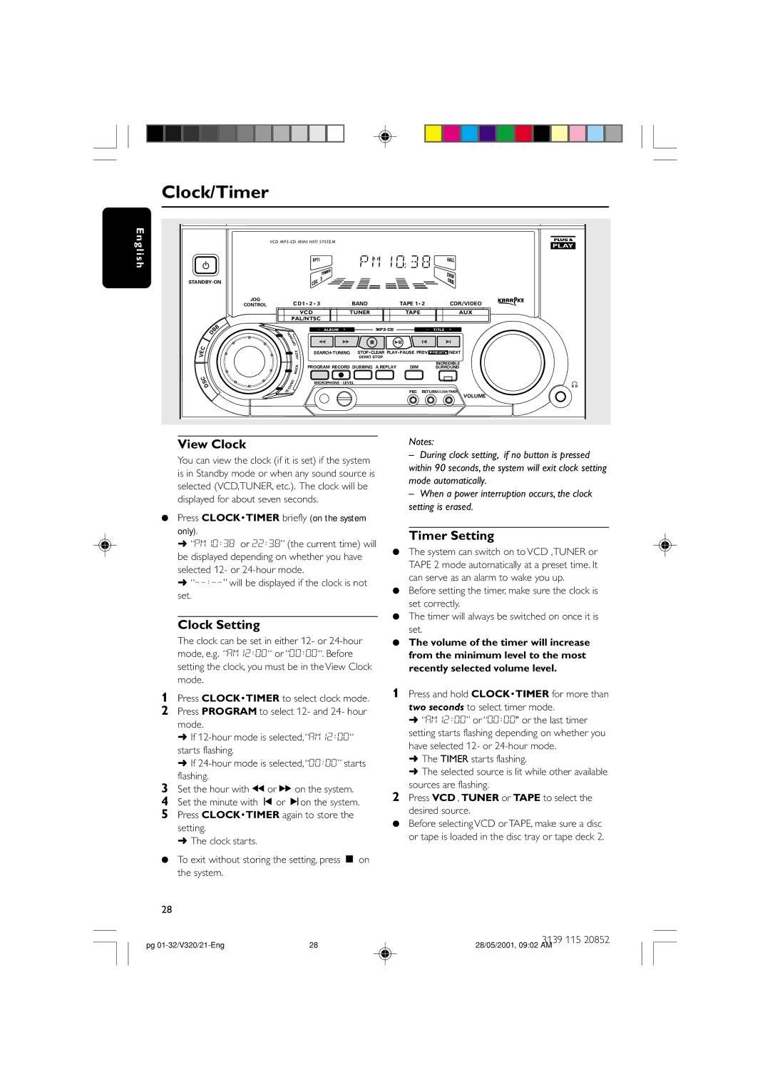 Philips FW-V320/21 manual View Clock, Clock Setting, Timer Setting 