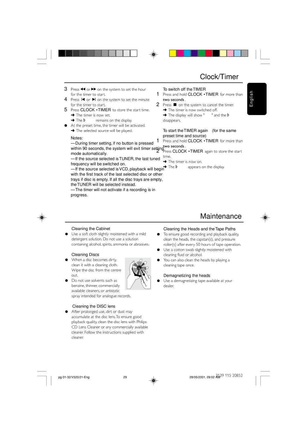 Philips FW-V320/21 manual Clock/Timer, Maintenance 