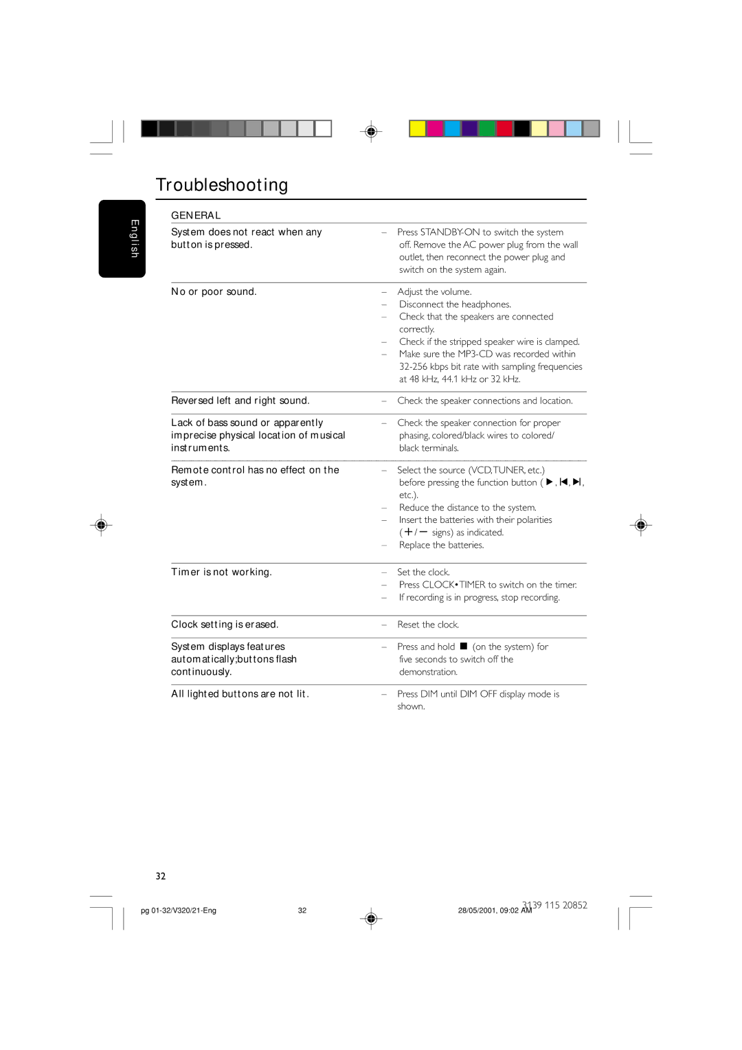 Philips FW-V320/21 manual Troubleshooting, All lighted buttons are not lit 