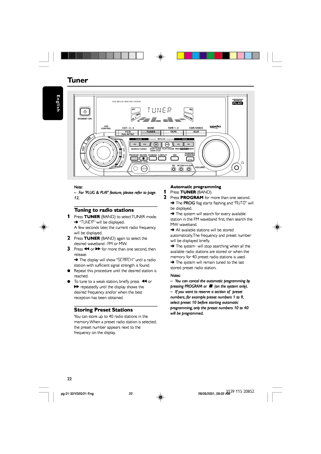 Philips FW-V320/21 manual Tuner, Tuning to radio stations, Storing Preset Stations, lish 