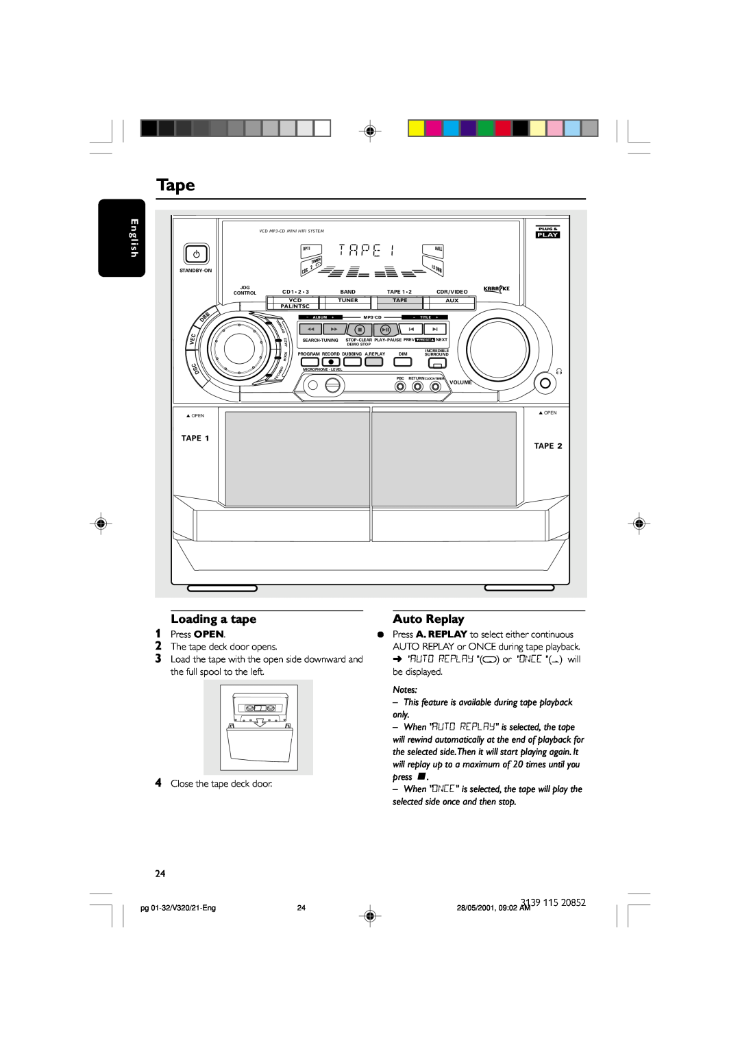 Philips FW-V320/21 manual Tape, Loading a tape, Auto Replay, ¶ Press A. REPLAY to select either continuous 