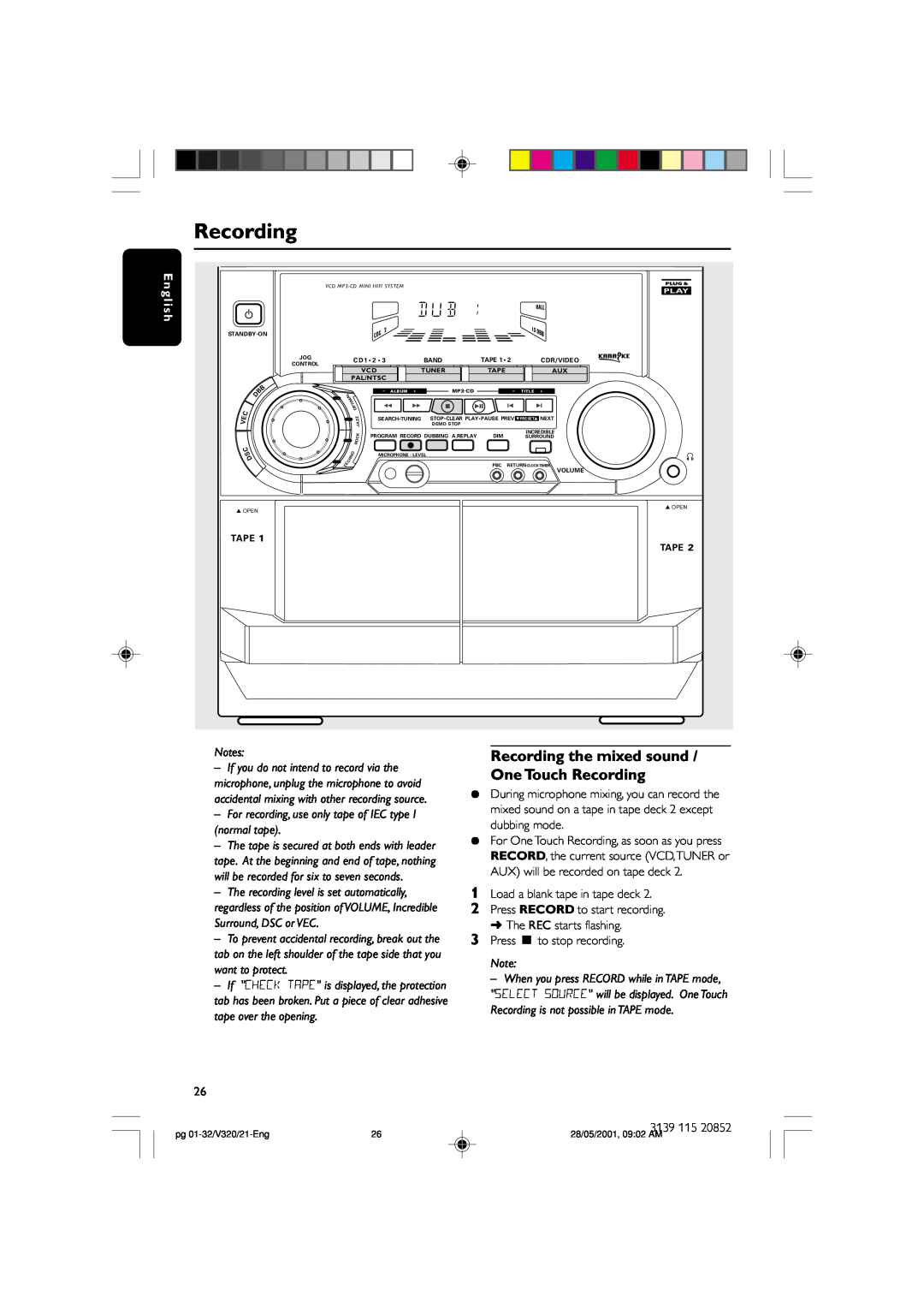 Philips FW-V320/21 manual Recording the mixed sound / One Touch Recording 