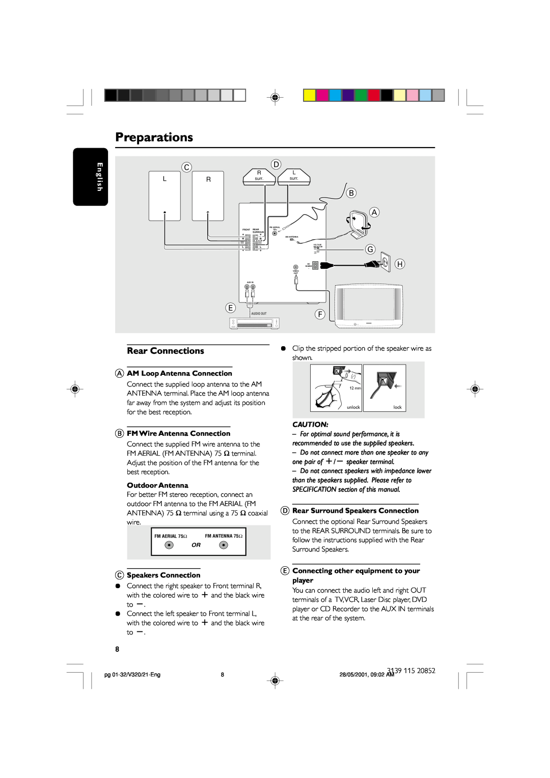 Philips FW-V320/21 manual Preparations, Rear Connections, En gli s, B A G H 