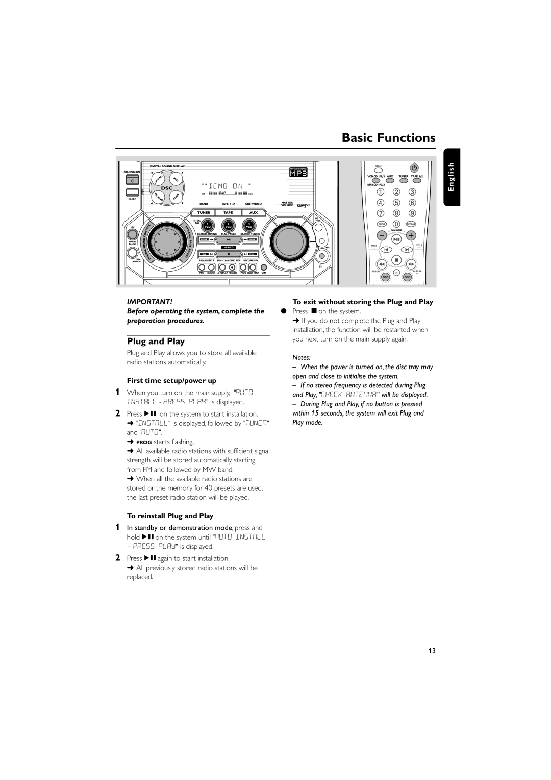 Philips FW-V330 manual Basic Functions, First time setup/power up, To exit without storing the Plug and Play 