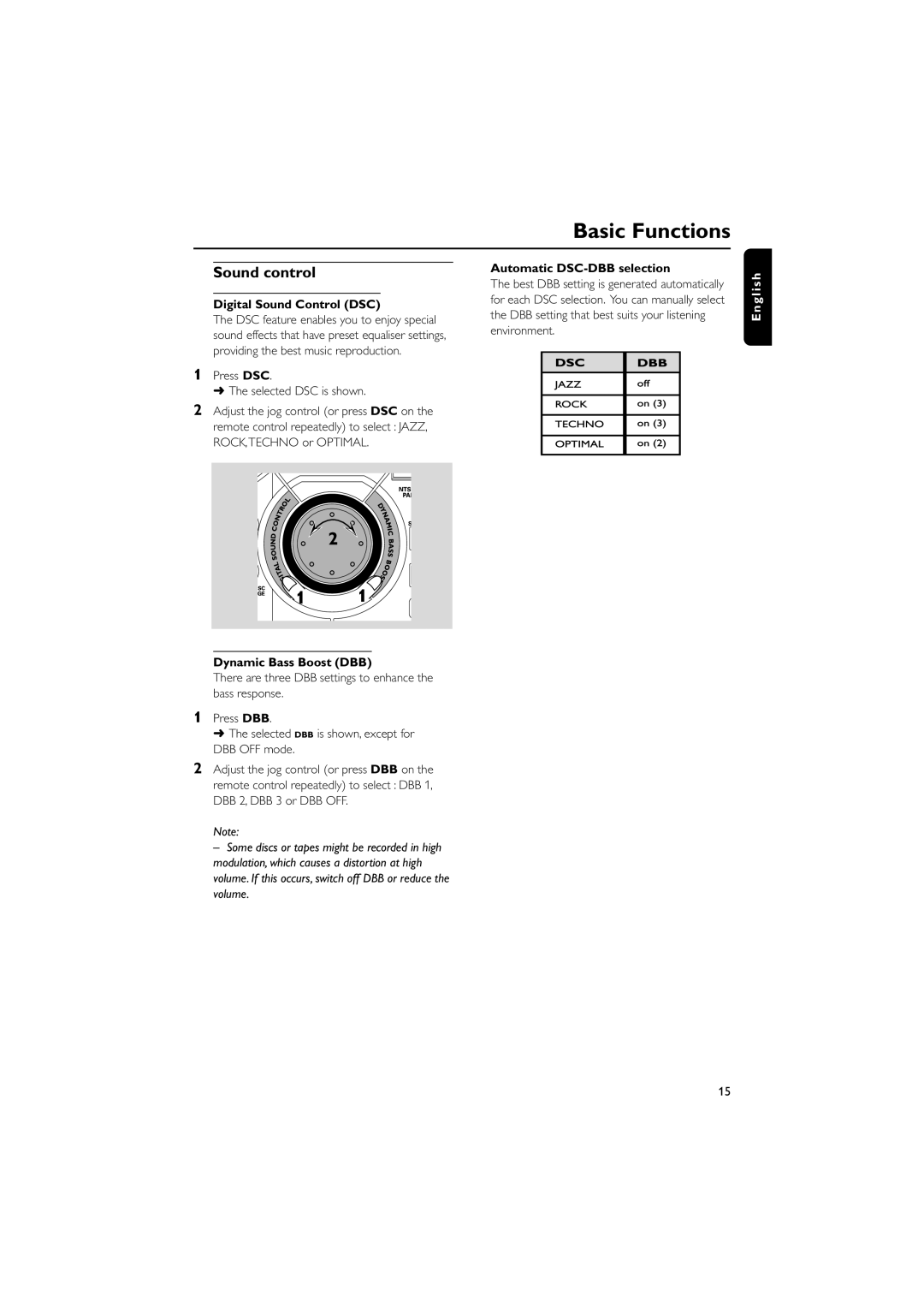 Philips FW-V330 manual Sound control, Digital Sound Control DSC, Press DSC Selected DSC is shown, Dynamic Bass Boost DBB 