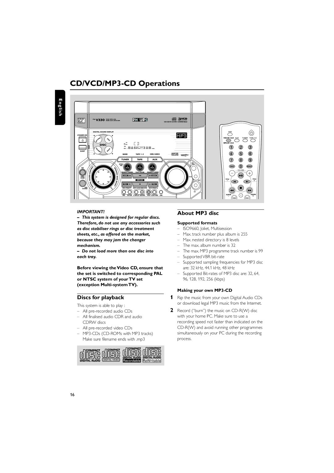 Philips FW-V330 CD/VCD/MP3-CD Operations, Discs for playback, About MP3 disc, Supported formats, Making your own MP3-CD 