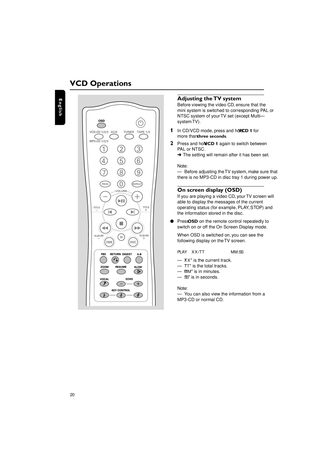 Philips FW-V330 manual VCD Operations, Adjusting the TV system, On screen display OSD 