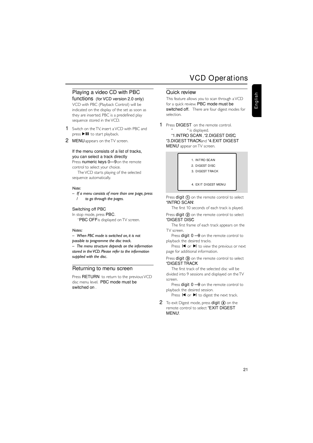 Philips FW-V330 manual Playing a video CD with PBC, Returning to menu screen, Quick review, Switching off PBC 