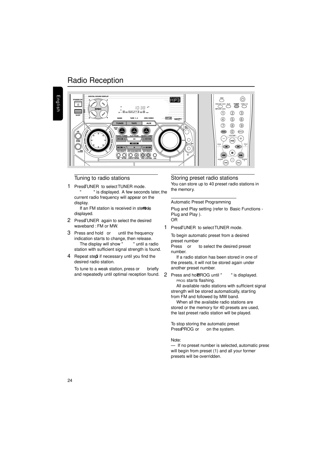 Philips FW-V330 manual Radio Reception, Tuning to radio stations, Storing preset radio stations 