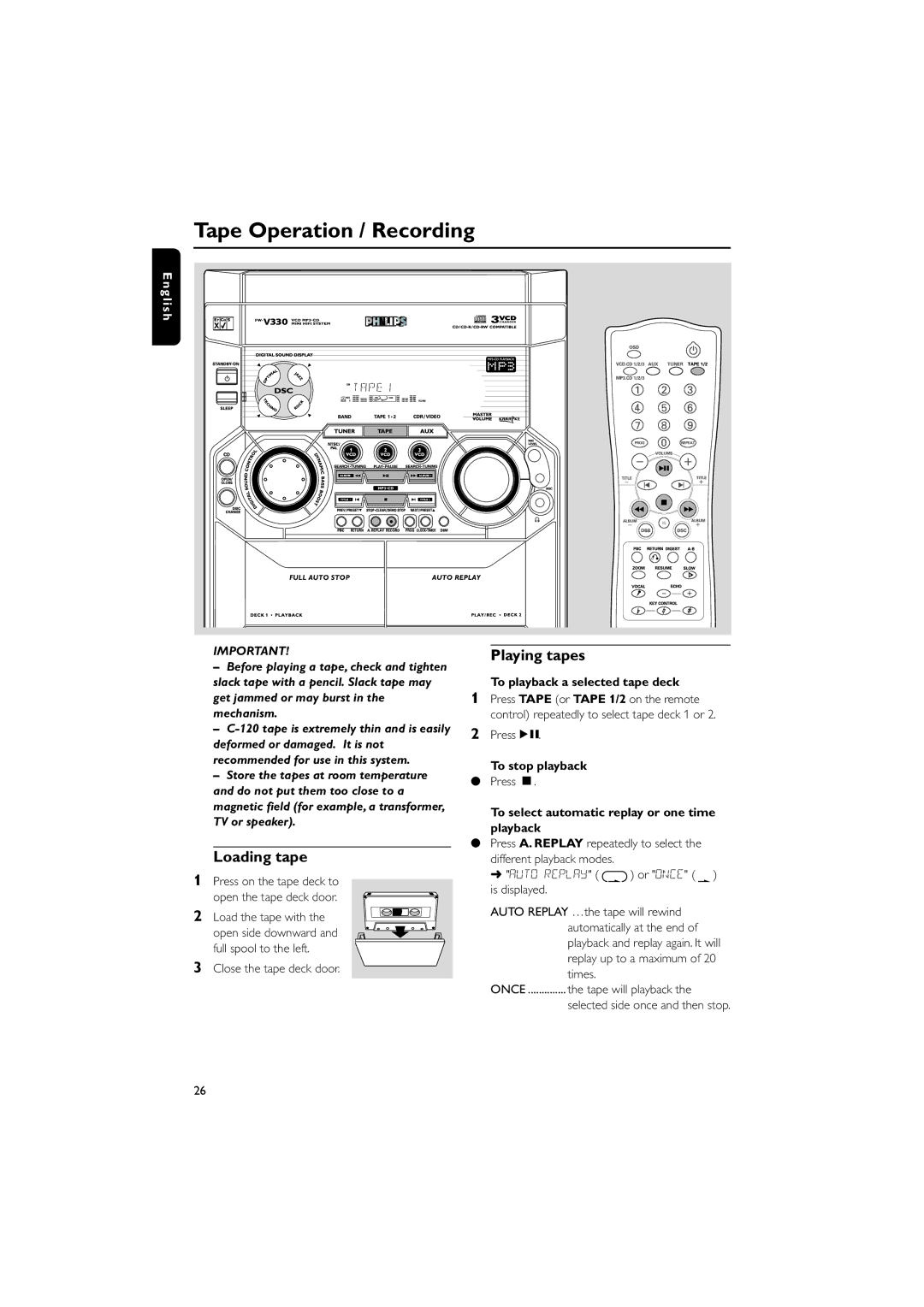 Philips FW-V330 manual Tape Operation / Recording, Loading tape, Playing tapes, To playback a selected tape deck 