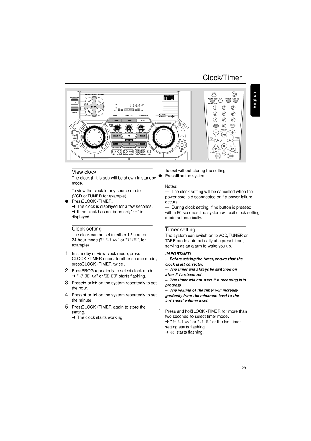 Philips FW-V330 manual View clock, Clock setting Timer setting, To exit without storing the setting, Press Clocktimer twice 